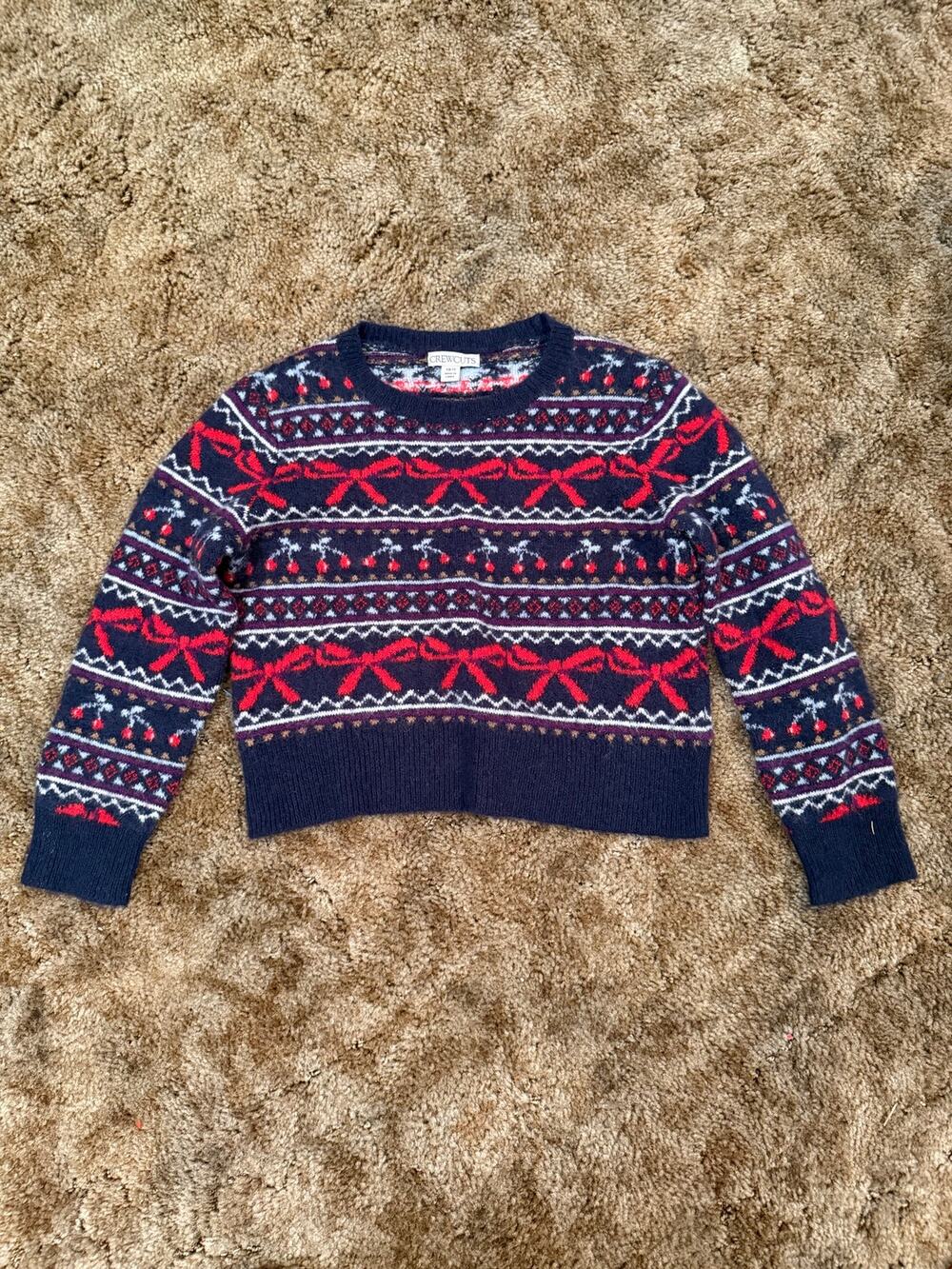 Crewcuts J.Crew Girls Cropped Bow Cherry Fair Isle Sweater Wool Blend Navy Red
